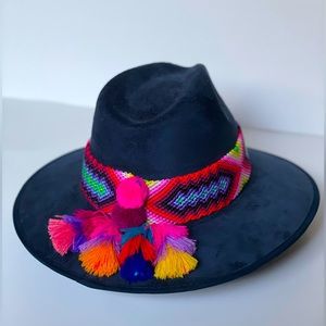 Brand New Boho Navy Hat With Hand Knitted Design